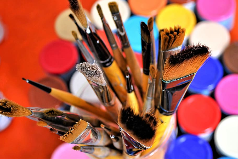 Amarillo, manipulado, pincel, set, color, acrílico, utensilios de artista, pintura, arte, colorido