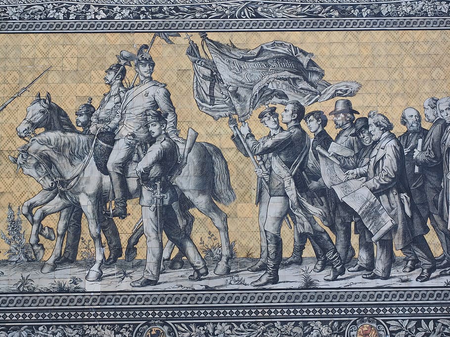 남자 tepestry, 왕자, 기병대, 세부 묘사, 남자, 말, fahnenzug, 깃발, 깃발 운반 대, 군인