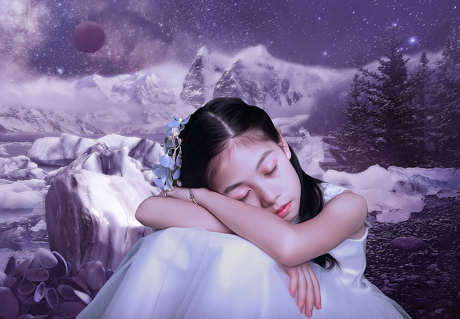 girl, wearing, white, dress, forest backgroundm, model, sleeping, ice, frozen, frozen landscape