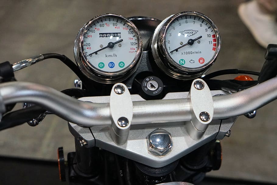 velocímetro, motocicleta, velocidad, tacómetro, odómetro, pantalla de kilómetros, vehículo, cromo, eicma, manillar