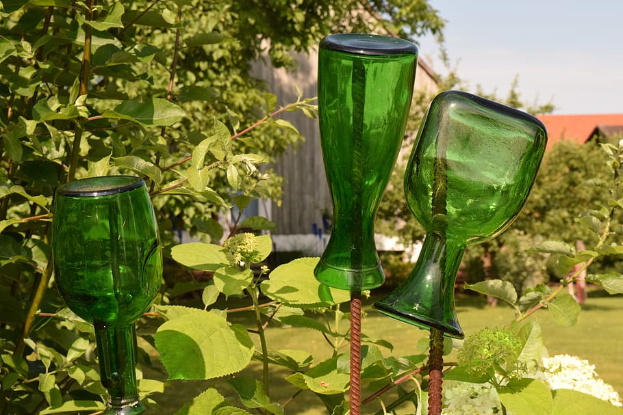 decoration, bottles, still life, glass, deco, green, sunlight, rural, gartendeko, green color