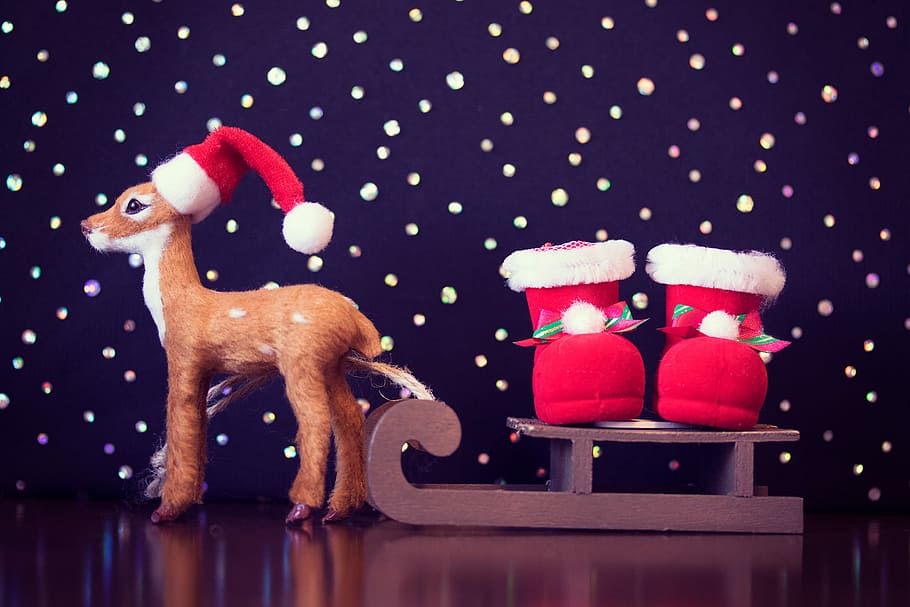 reindeer figurine, sleigh, santa boots, reindeer, figurine, christmas, red, celebration, decoration, santa Claus