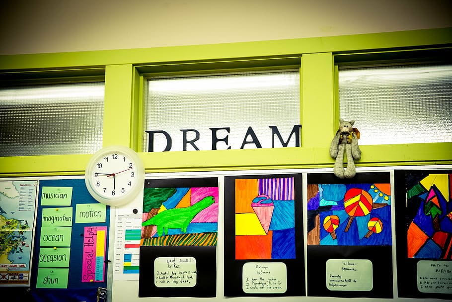 berbagai macam, lukisan, dinding, di samping, jam analog, mimpi, menginspirasi, mengajar, ruang kelas, bayangkan