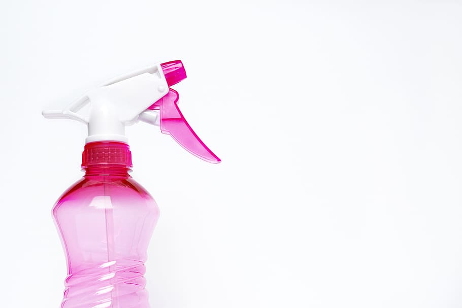 pink, white, plastic spray bottle, spray bottle, cleaning supplies, chores, household, housework, hygiene, detergent