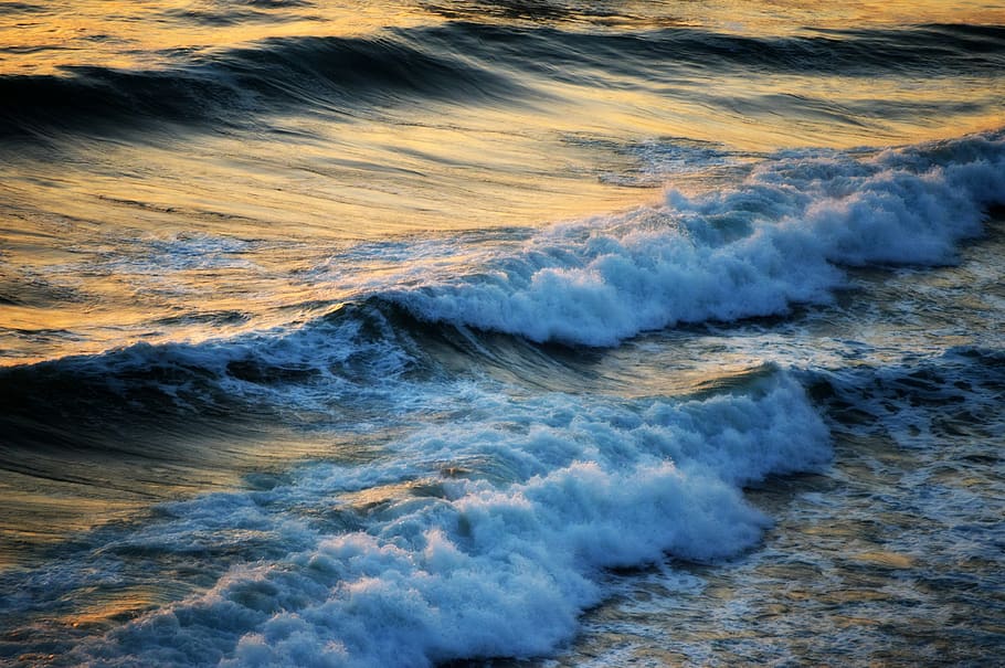 ocean, waves, sunset, water, surf, nature, power, summer, scenery, foam