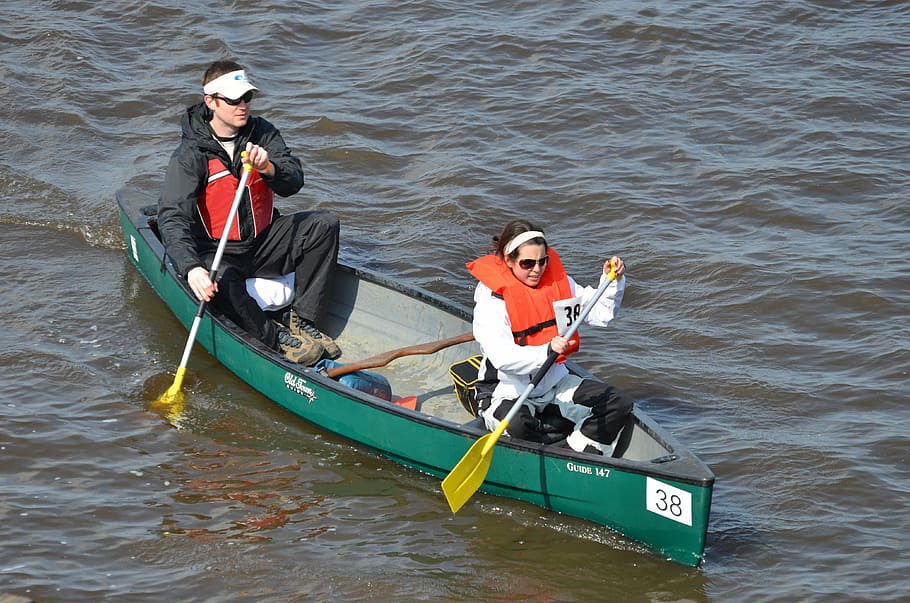 man, woman paddling, boat, daytime, kayak, rafting, canoe, adventure, paddling, couple