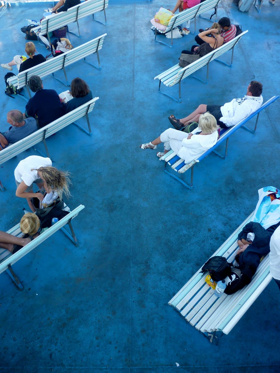 bench, blue, idleness, group of people, high angle view, large group of people, crowd, real people, women, men