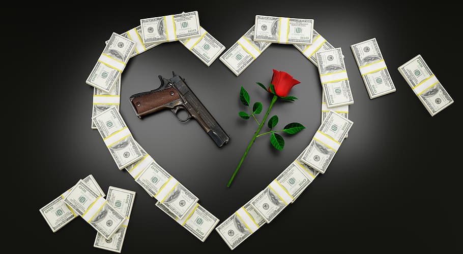 dinheiro, arma, rosa, romance, numerário, dólares, rebelde, amor, conceito, rico