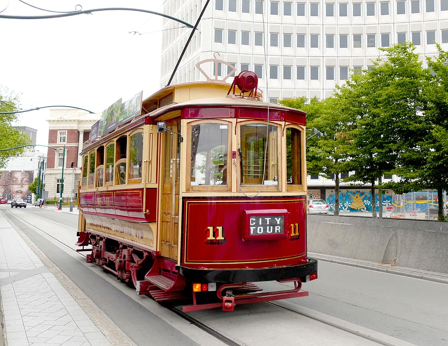 Tram 11, Boxcar, Christchurch, beige, tram, city, building exterior, architecture, built structure, public transportation