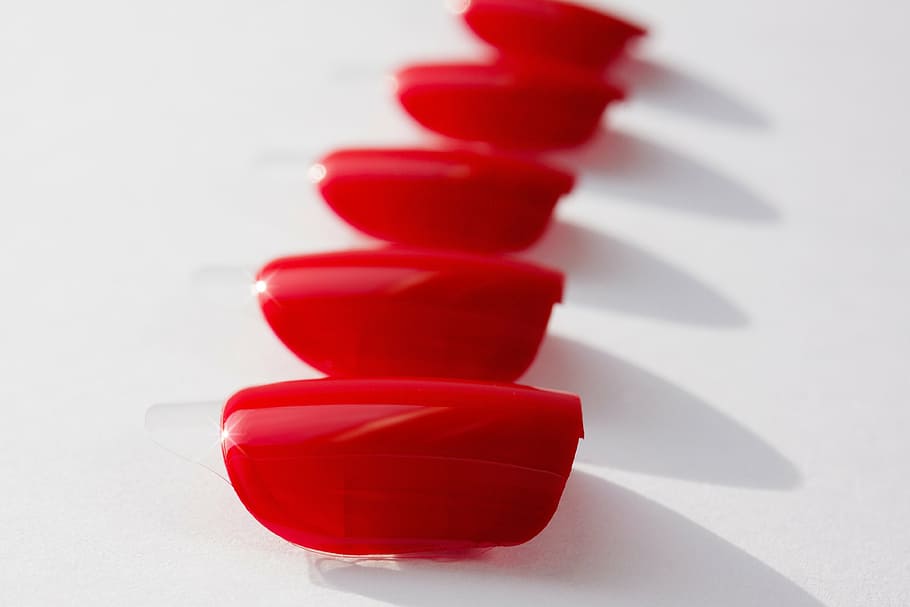 fingernails, red, lacquered, artificial, affix, beauty, fashion, white background, studio shot, shadow