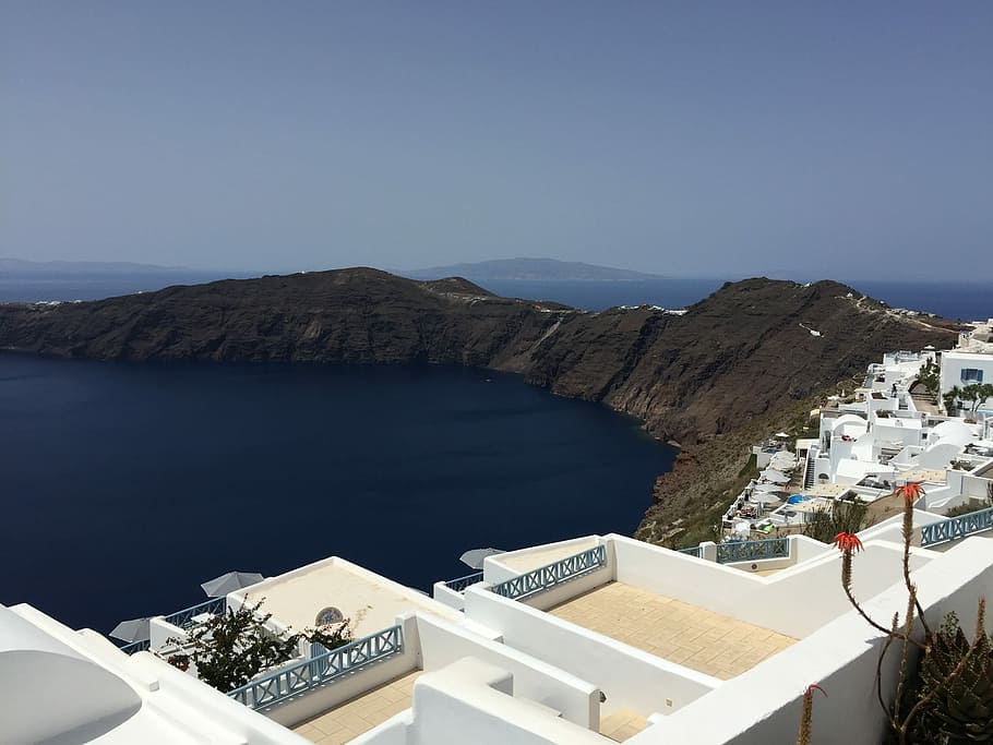 Santorini, Ocean, Island, Island, Hotel, ocean, island, hotel, white building, greece, greek island, high angle view
