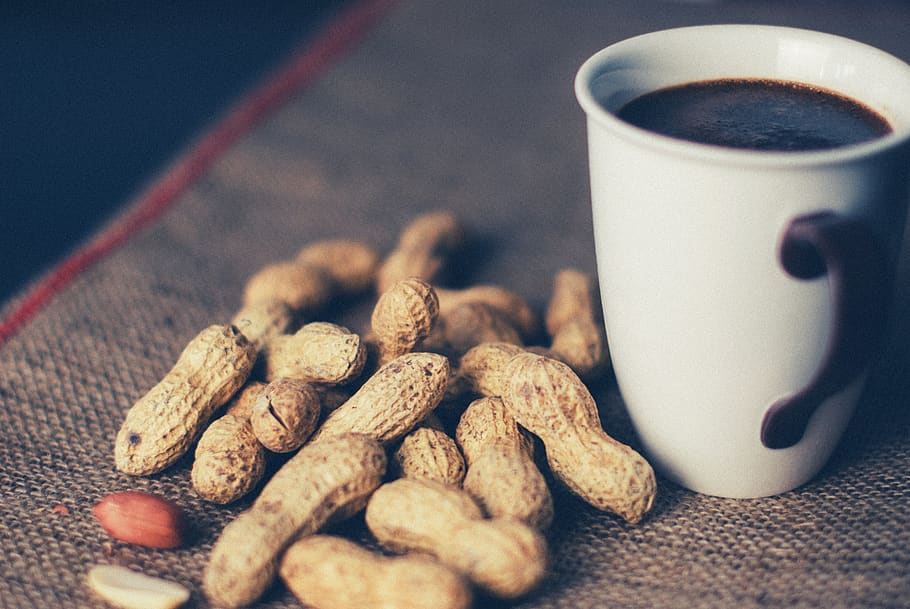 peanuts, coffee, cup, mug, food, drink, food and drink, refreshment, coffee - drink, coffee cup