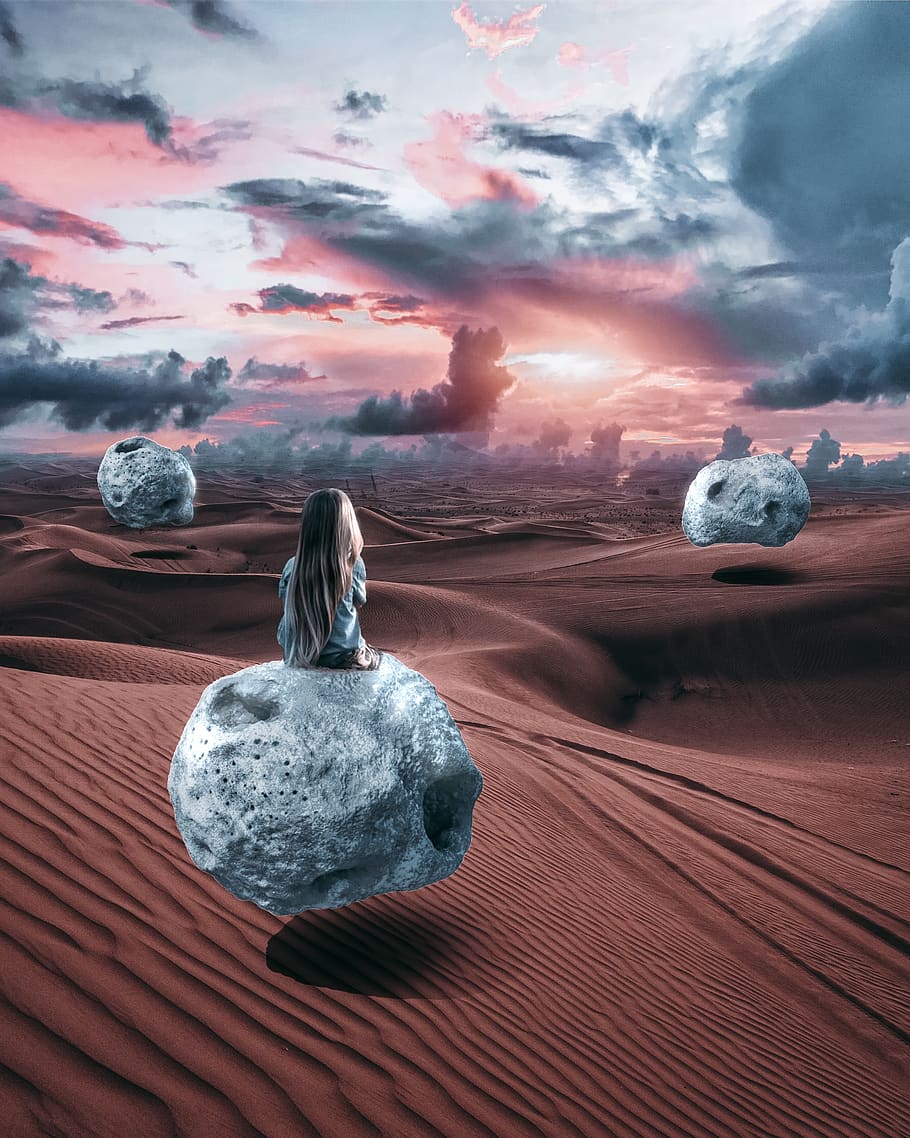 stone, sky, clouds, desert girl, photoshop, fantasy, girl, cloud - sky, beauty in nature, nature