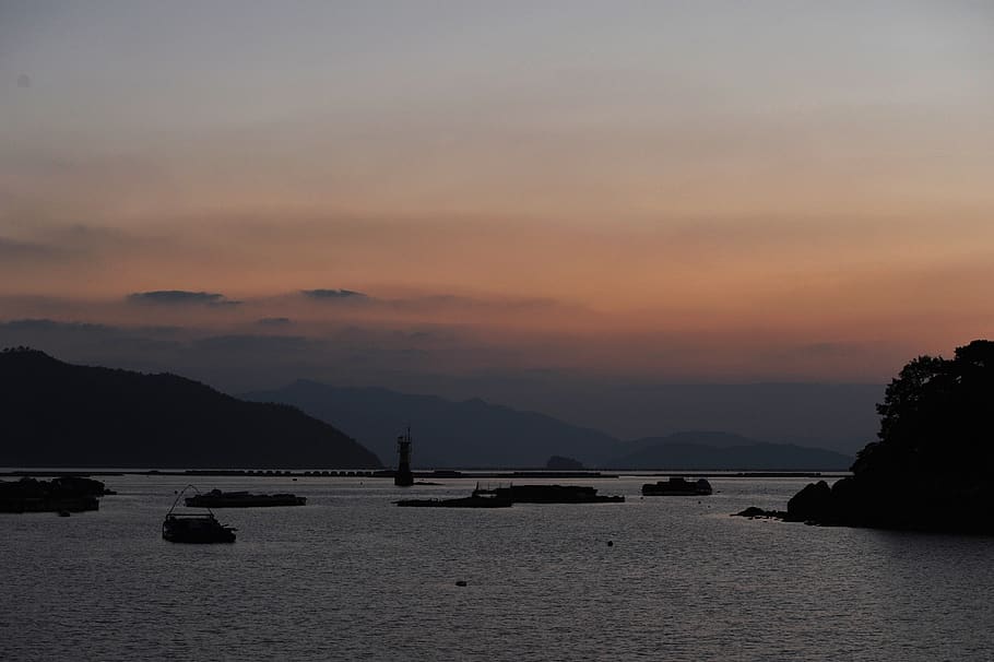 puesta de sol, resplandor, mar, faro, playa, crepúsculo, solar, paisaje, República de Corea, en la noche