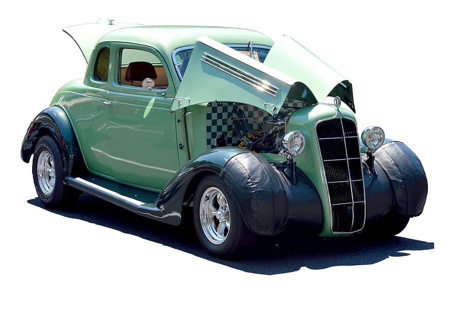 coche personalizado, hot rod, vintage, retro, exhibición de autos, aislado, fondo, nostalgia, transporte, clásico