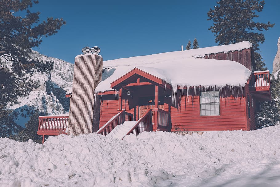 rumah, musim dingin, salju, tangga, teras, pohon, batu bata, tiang, lampu, atap