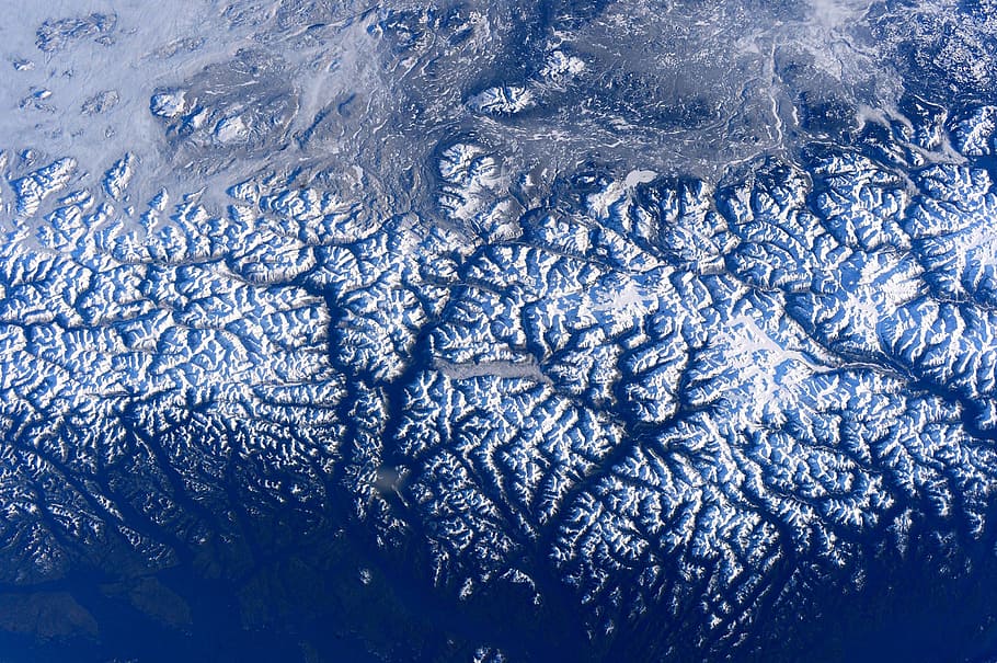 montaña nevada, aérea, fotografía, estación espacial internacional, paso elevado, montañas, columbia británica, canadá, paisaje, escénico