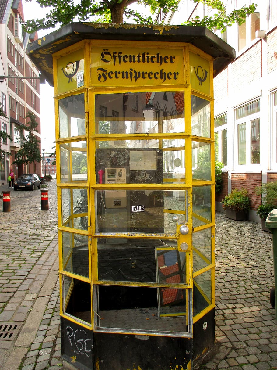 cabine telefônica, historicamente, telefone público, bremen, antiquado, alemanha, amarelo, comunicação, texto, arquitetura
