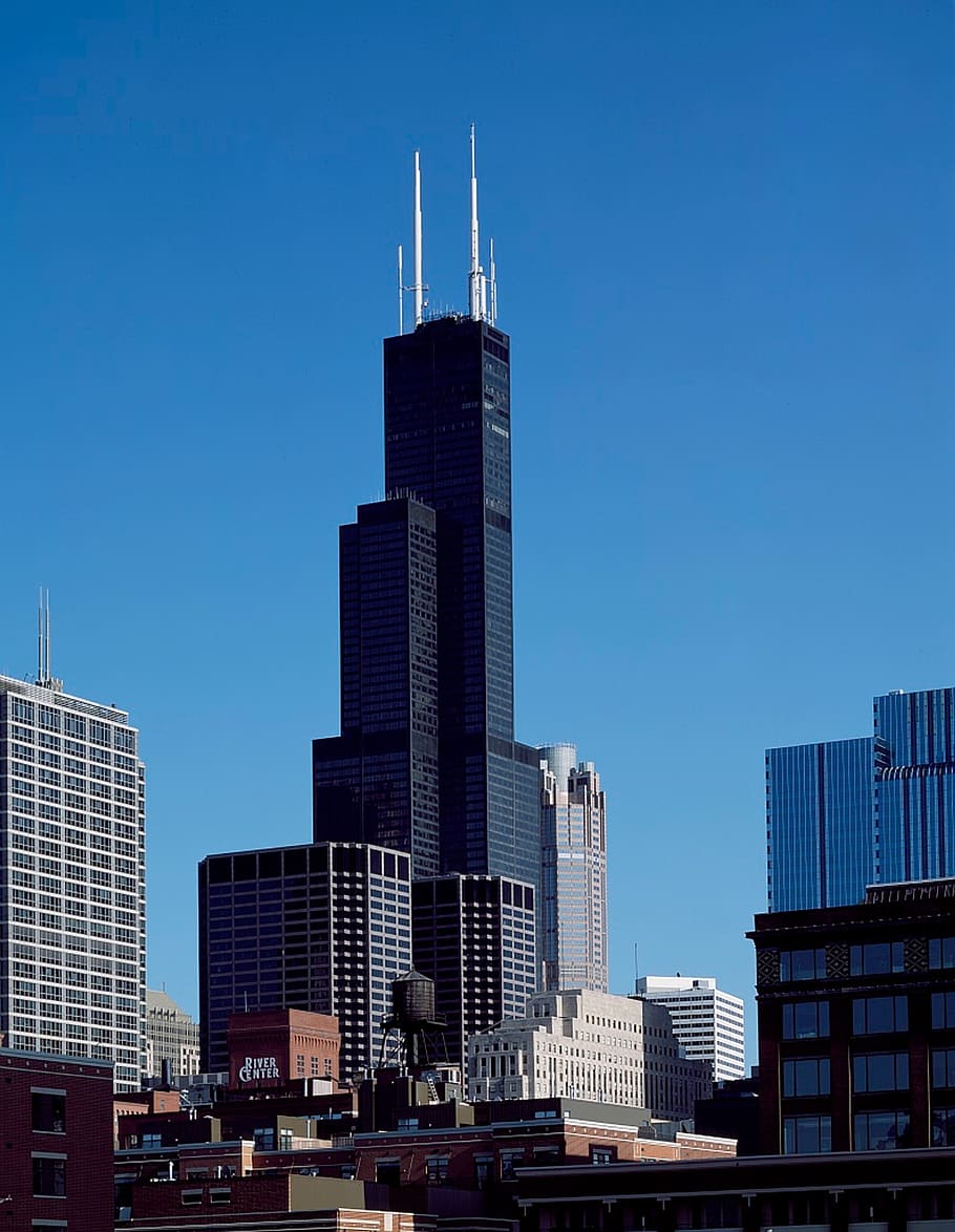 bangunan hitam, menara willis, chicago, illinois, pencakar langit, tengara, bersejarah, kaki langit, lanskap kota, arsitektur