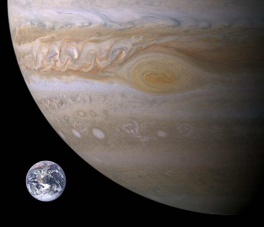 planet earth, moon, Jupiter, Planet, Earth, Earth, Size, Comparison, planet, earth, size comparison, big red stains