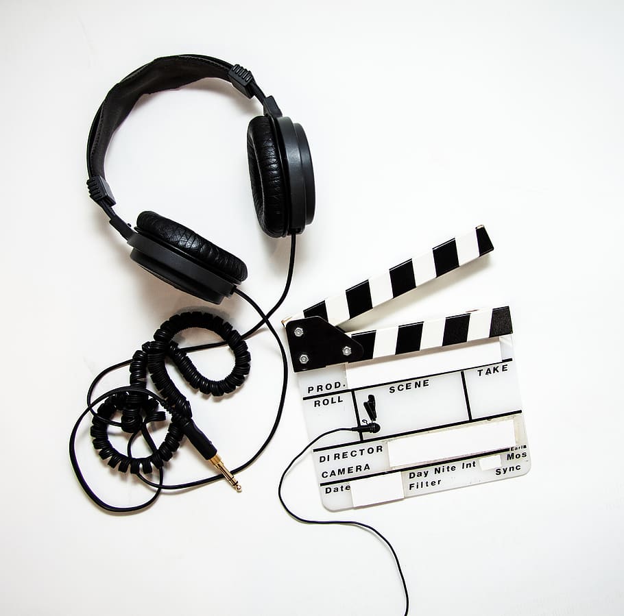video production, headphones, lavalier, clapper, clapperboard, film, movie, video, cinema, equipment
