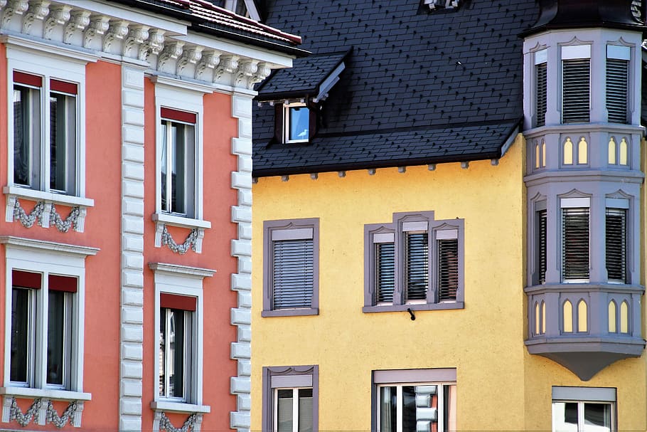 kuning, oranye, beton, bangunan, arsitektur, atap, rumah, jendela, balkon, area kota