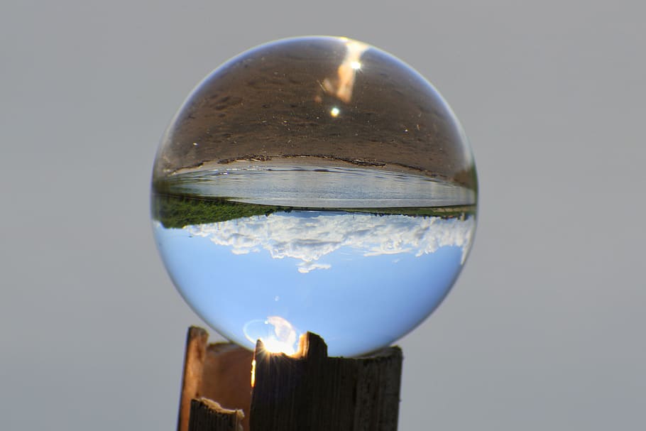 natural, landscape, sky, cloud, river, glass beads, glass ball, the world upside down, sphere, nature