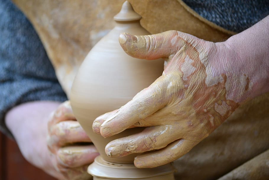 人, 作る, 粘土の花瓶, 工芸品, 泥, セラミック, 伝統的な, 手, 人間の手, 陶器