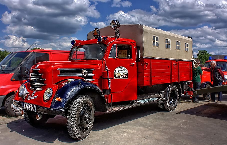 Oldtimer, Fire, Hdr, rojo, Vehículo terrestre, transporte, automóvil, camión, camión de bomberos, antiguo