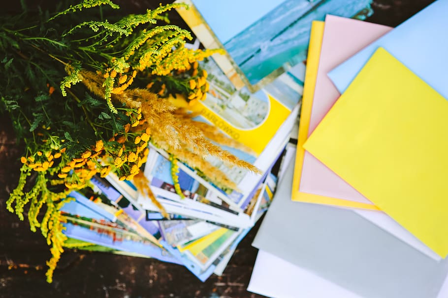 flowers, bouquet, postcards, birthday card, envelopes, Yellow, miscellaneous, items, wooden, floor