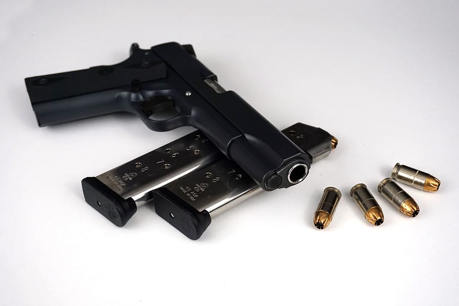 m1911, pistol, gun, firearm, handgun, magazine, ammo, ammunition, bullet, defense