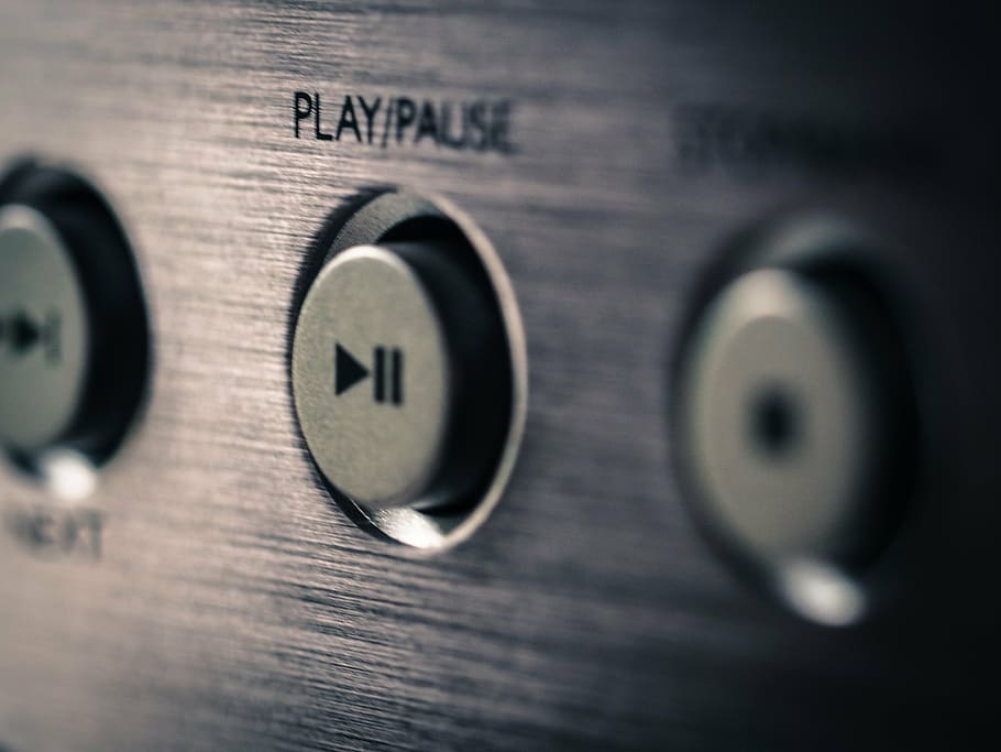 play, pause button, plant, music, break, cd player, music system, button, display, songs