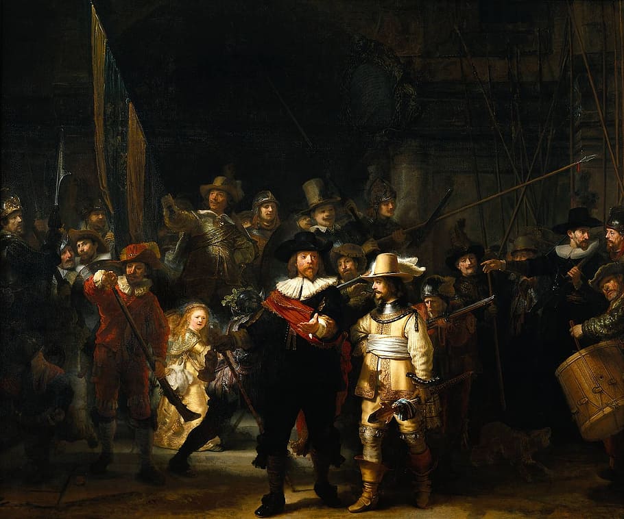 ancient painting, rembrandt van rijn, painter, artists, the night watch, oil painting, canvas, painting, art, artwork