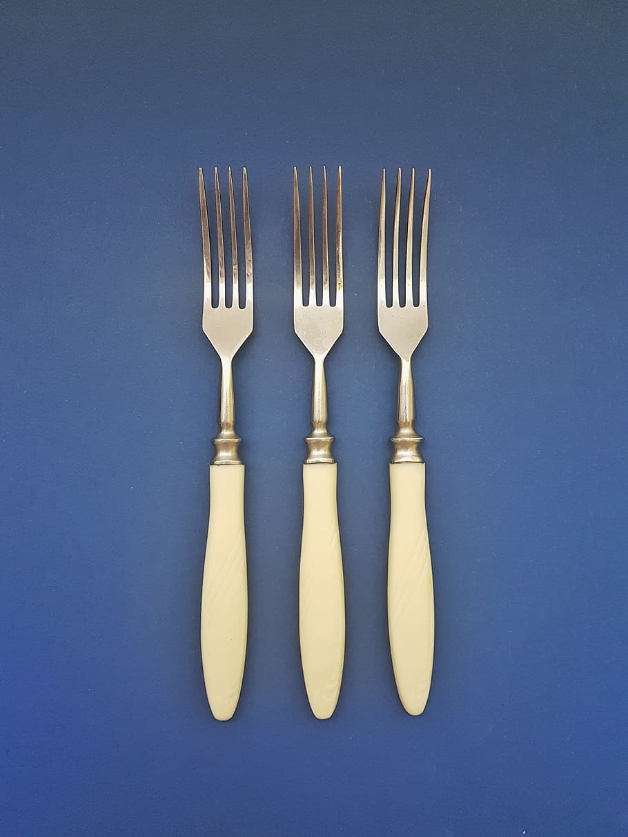 three, silver forks, blue, surface, background, board, brown, closeup, cutlery, design