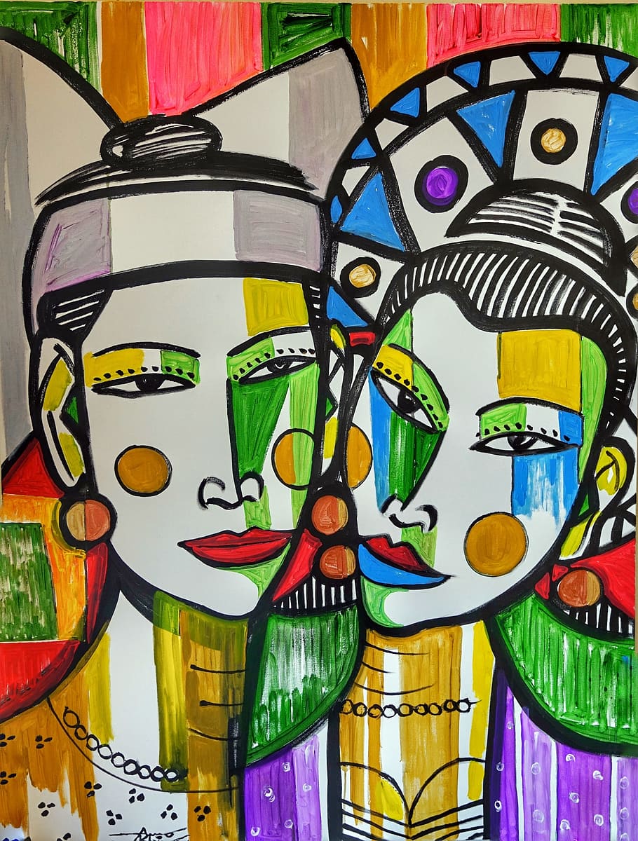 アート, 色, 女性, 頭, 肩, 顔, 絵画, カラフル, 創造的, ミャンマー