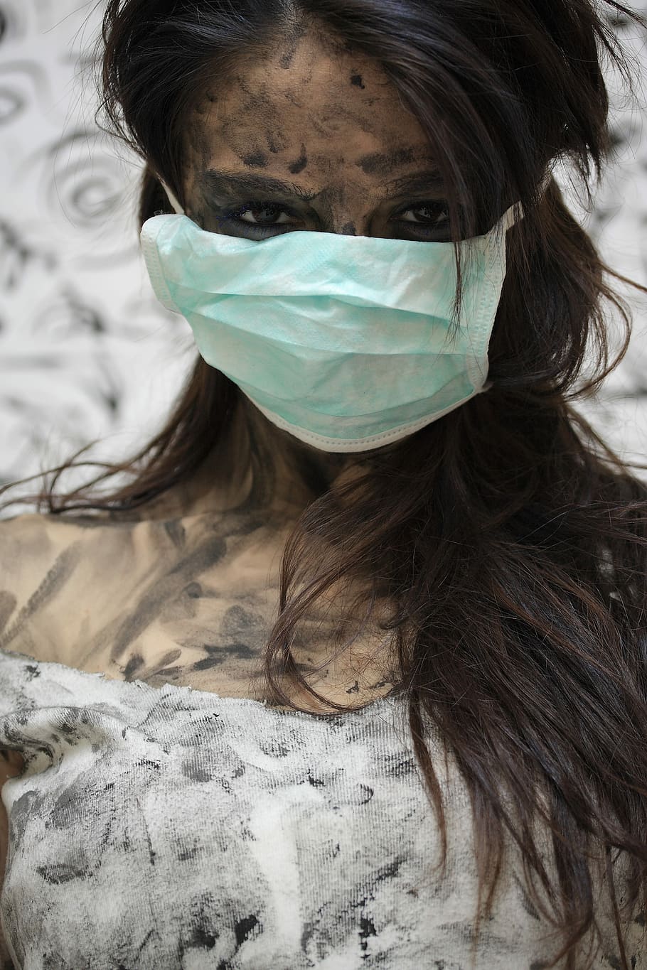 woman, white, top, covering, mouth, face mask, psycho, portrait, women's, make-up
