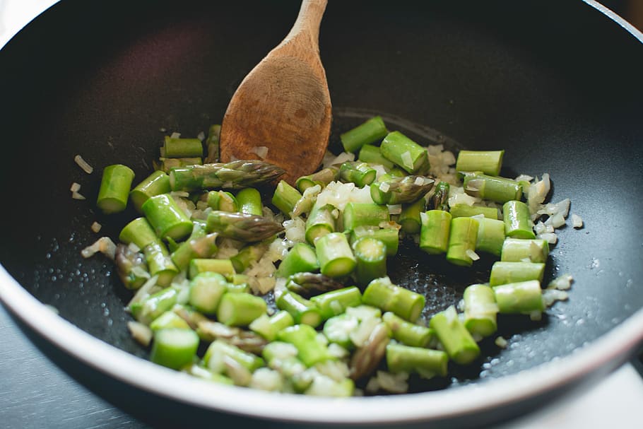 asparagus, bawang, wajan, penggorengan, memasak, sehat, buatan sendiri, sayuran, makanan, panci memasak