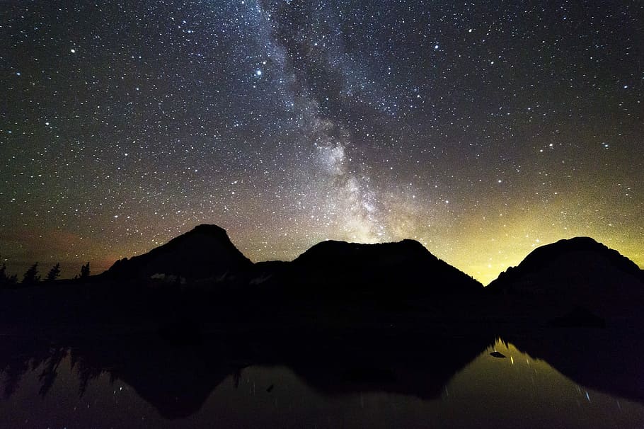 silhouette mountain photo, night time, milky way, stars, night, space, mountains, water, reflection, sky