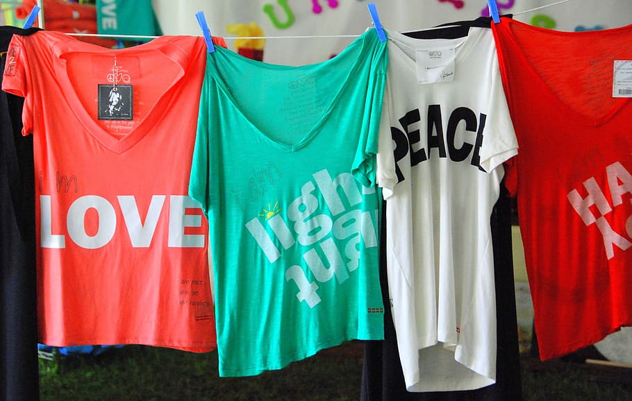 several tops, hippie, love, light, peace, clothes, clothing, t shirt, colorful, hang