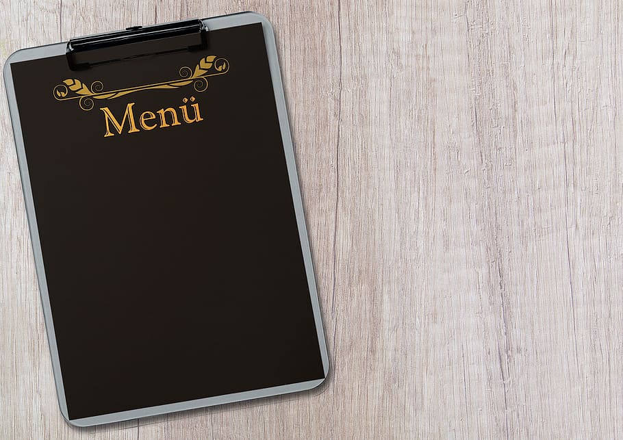 black menu clipboard, menu, table, terminal board, label, copy space, black, restaurant, cafe, bistro