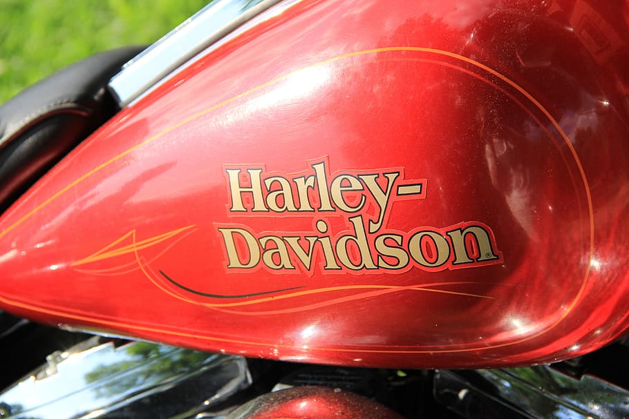 red, harley-davidson motorcycle fuel tank, harley-davidson, engine, machine, technique, western script, text, communication, close-up