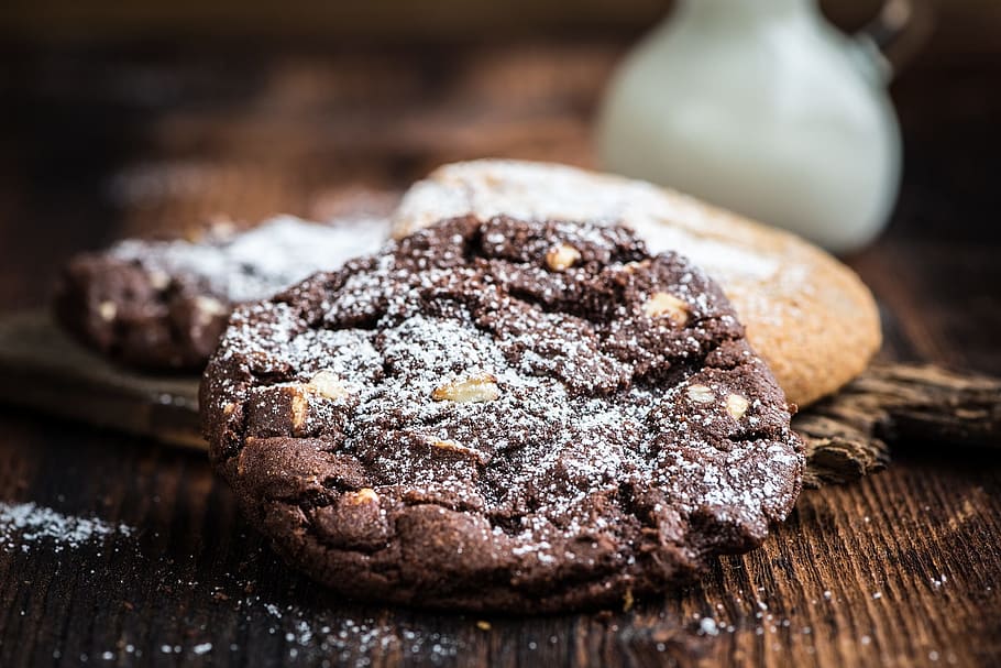 cookie, wooden, surface, chocolate cookie, dark cookie, chocolate, nuts, delicious, eat, food