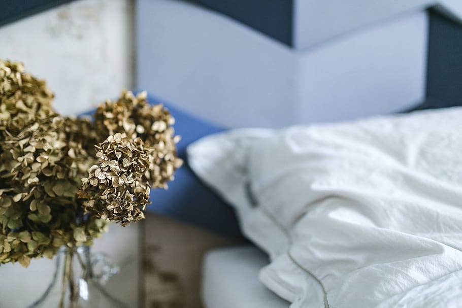 white, golden, bed, wall, plant, design, jar, duvet, fake, bedclothes