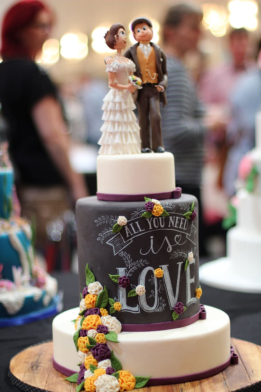 wedding cake, table, cake, marry, sweet, love is all you need, quote, chalk, writting, board