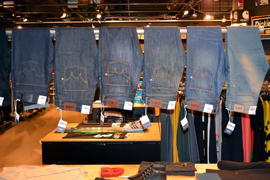 jeans, pants, garment, industry, business, workshop, hanging, indoors, weapon, clothing