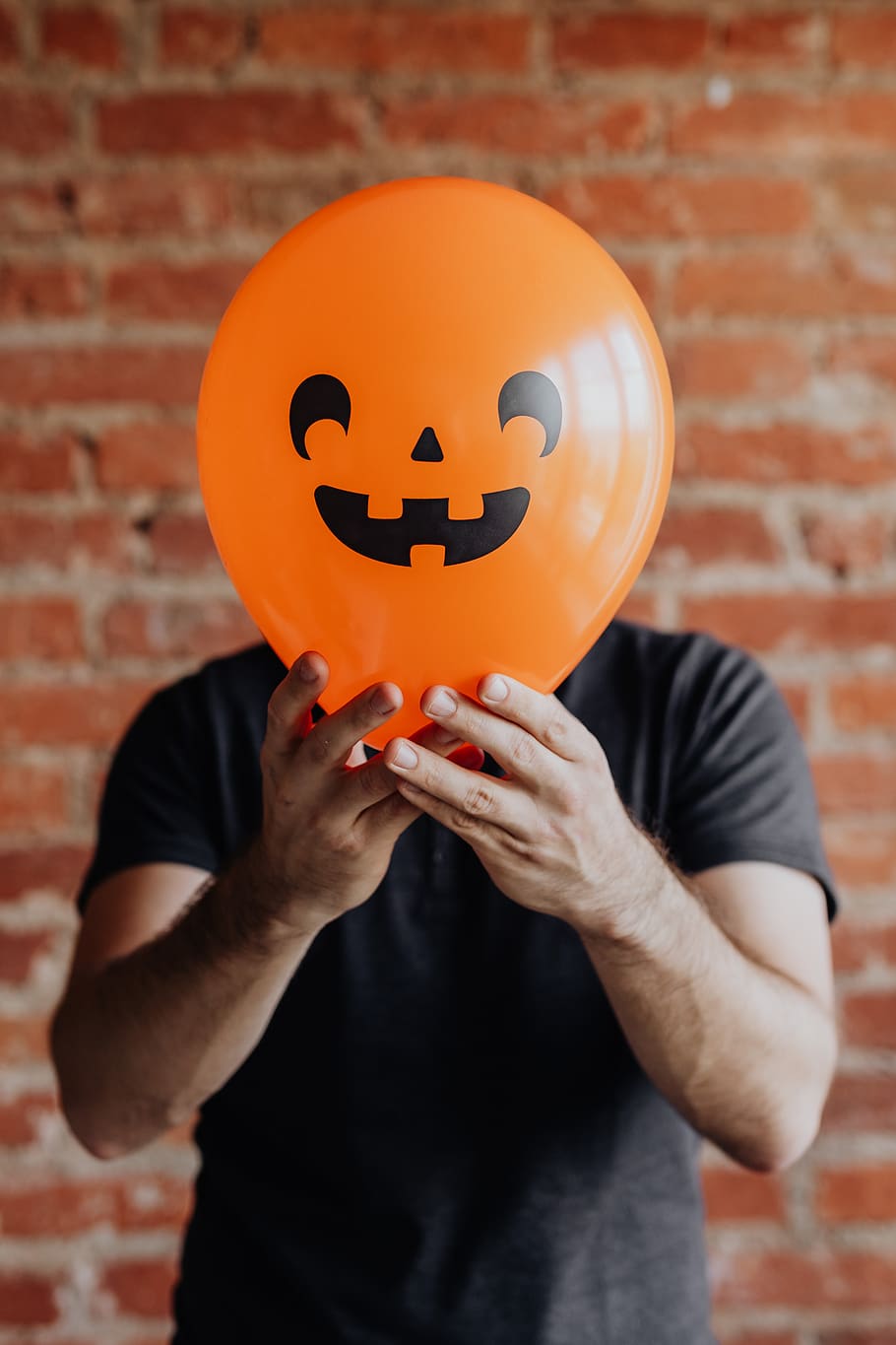 balloon, orange, face, funny, autumn, man, Halloween, one person, holding, front view
