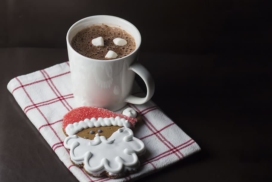 white ceramic cup, christmas, santa, cookie, cup, hot, chocolate, marshmallow, food and drink, mug