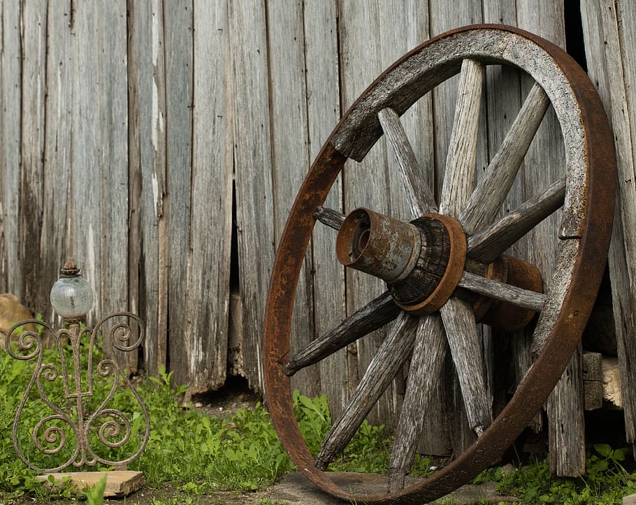 wagon, wheel, western, barn, old, antique, spokes, cart, wood, nostalgia