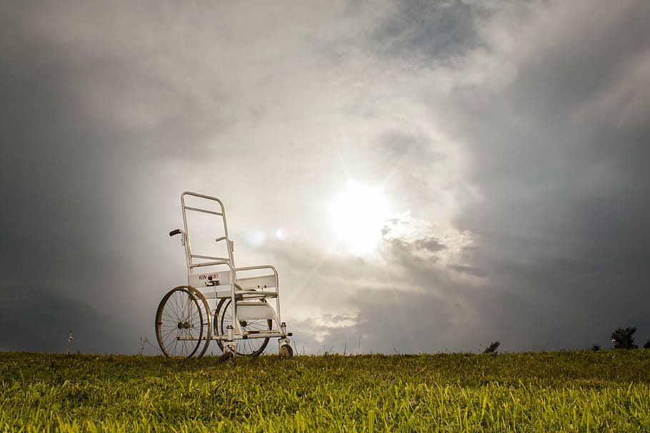 white, wheelchair, green, grass lawn, daytime, engel, disabled, crippled, leg, foot