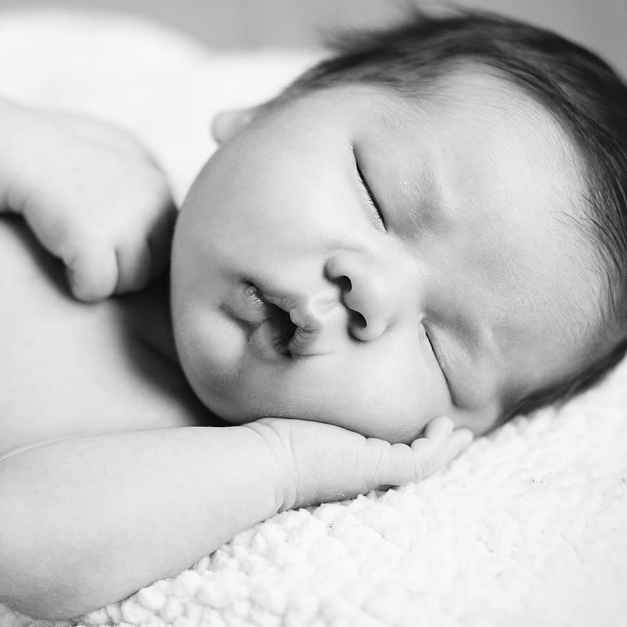 grayscale photo, baby, sleeping, sleeping baby, newborn, child, cute, infant, face, little